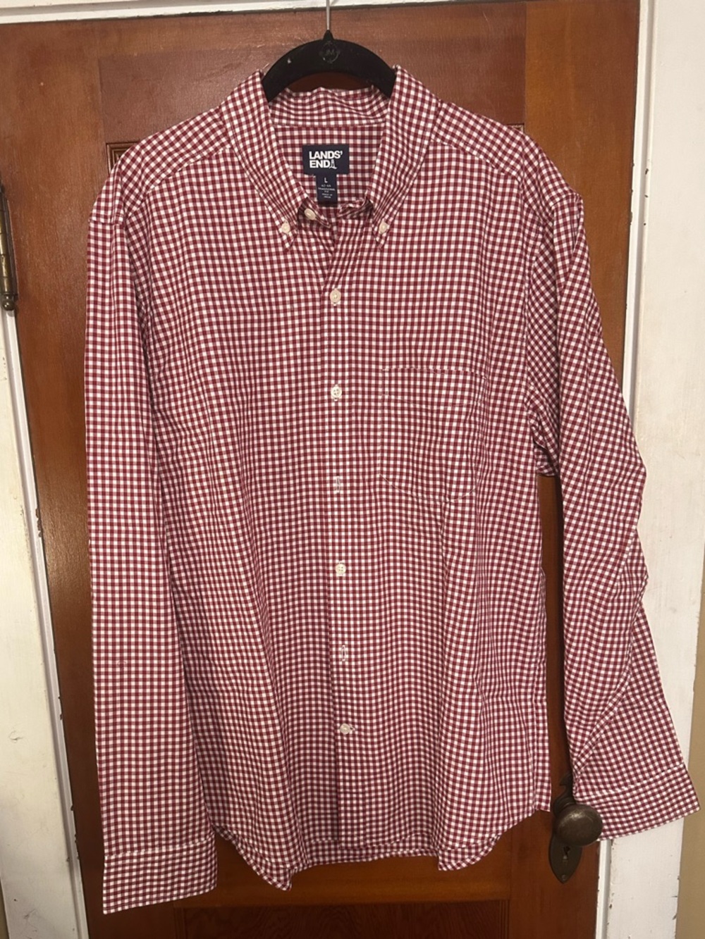 Lands' End Men's Red and White Gingham Button-Down Shirt